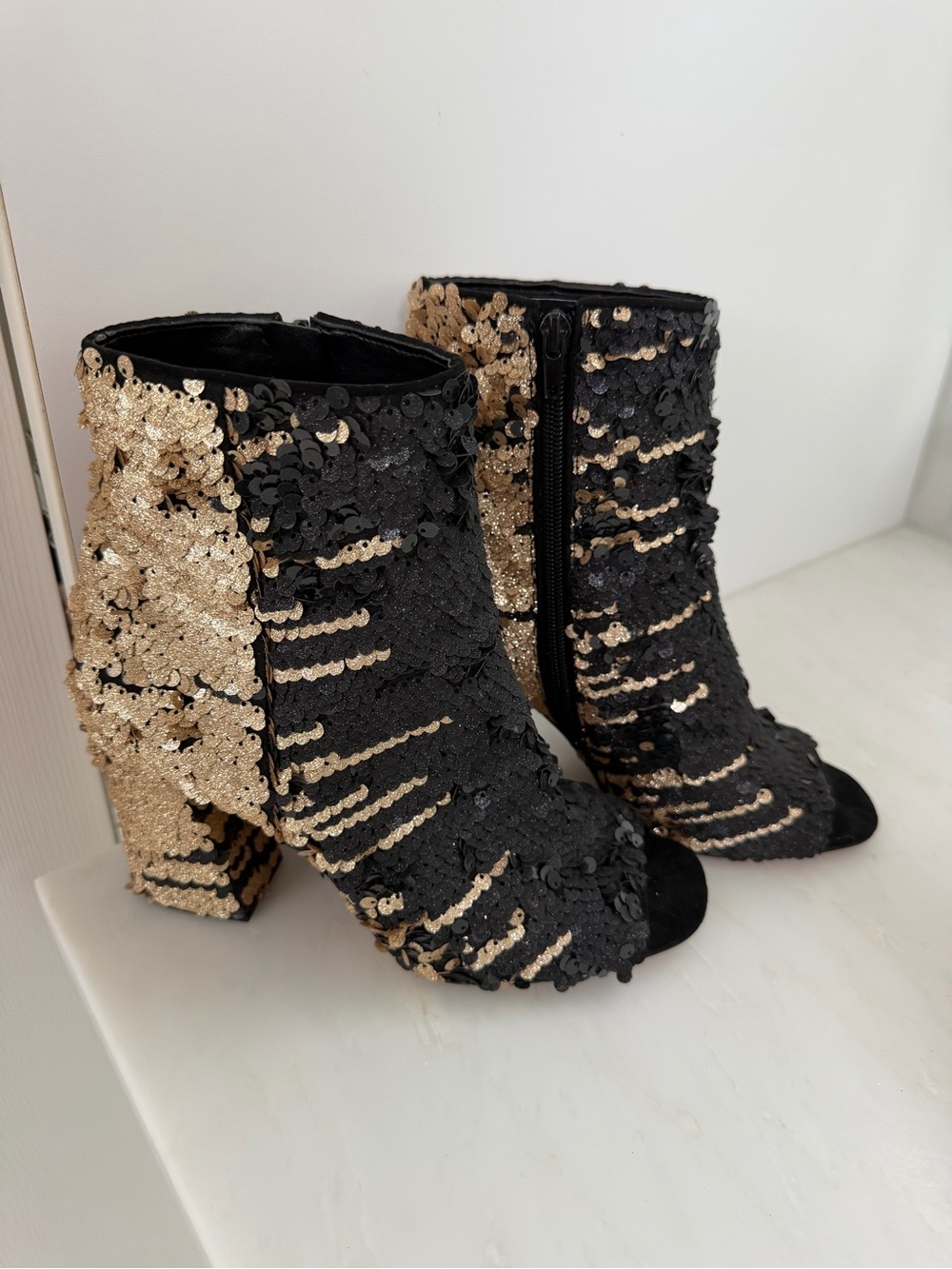 Enzo Angiolini Reversible Sequin Peep-Toe Block Heel Booties